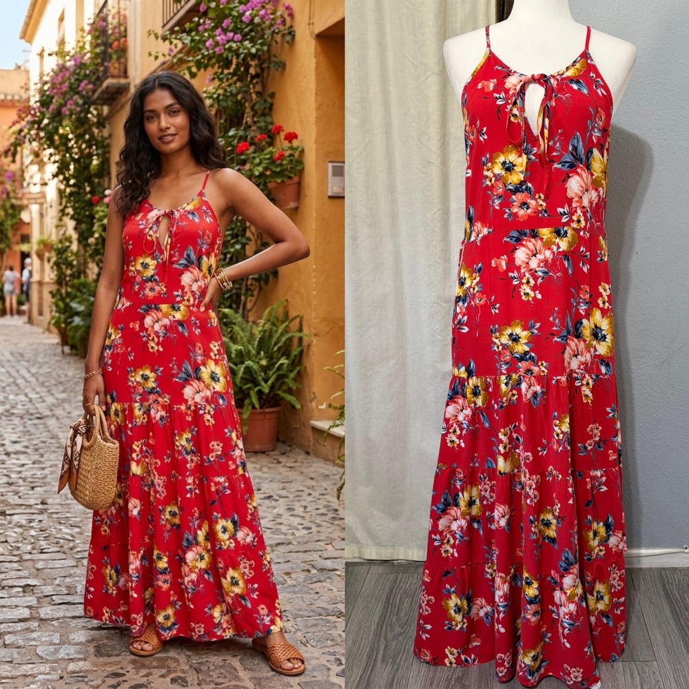Band of Gypsies Red Floral Tiered Maxi Dress Small Halter Keyhole Boho Sundress